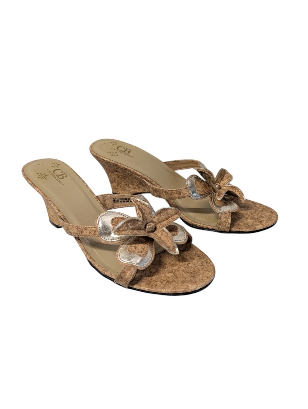 C.B. Collections Brown Cork Wedge Sandals Silver Flower Thong Heels Size 9.5M